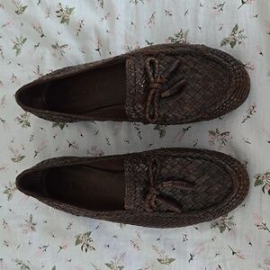 Cole Haan brown leather woven style loafers with tassels